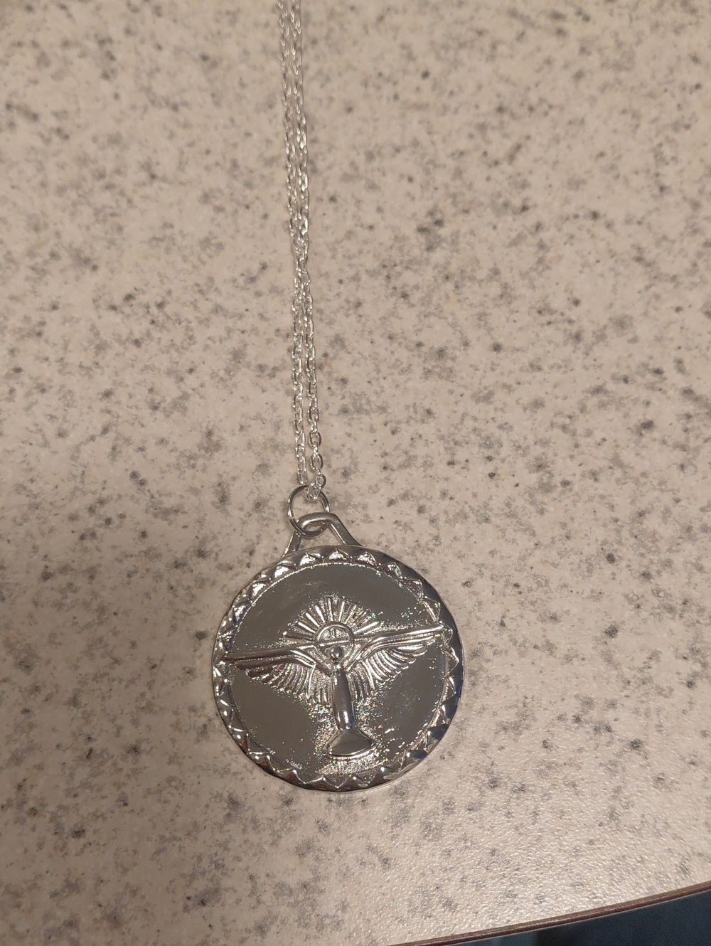 Silver Round Winged Angel Pendant Necklace